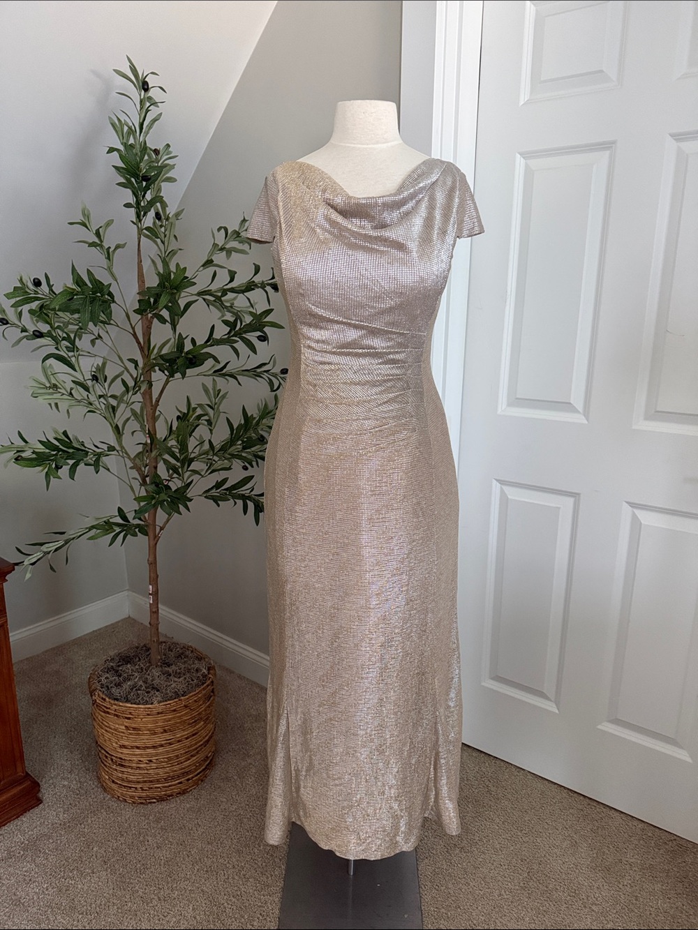Adrianna Papell Metallic Taupe Cowl Neck Dress